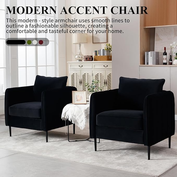 Modern Accent Chair Velvet Upholstered Living Room Chair with Pillow Mid-Century Armchair with Striped Armrest Living Room Chair for Bedroom Apartment (Black)