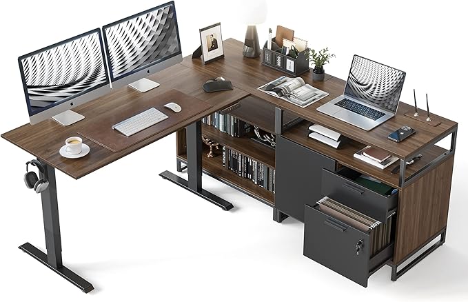 FEZIBO 66 Inch Executive L Shaped Standing Desk with 2-Drawer File Cabinet Electric Height Adjustable Stand up Desk Home Office Modern Wood Computer Desk with Shelves Black Frame/Dark Walnut Top