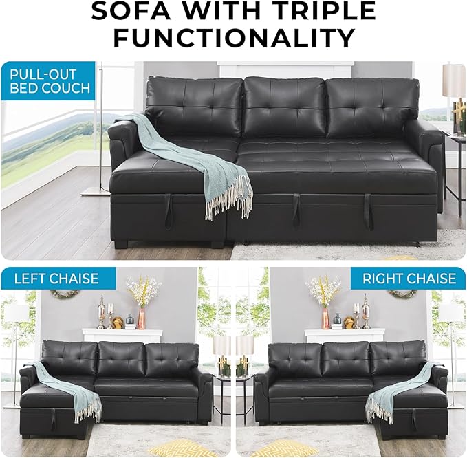 Naomi Home L-Shaped Reversible Sectional Sofa with Pull-Out Sleeper Bed and Storage Chaise Black Air Leather