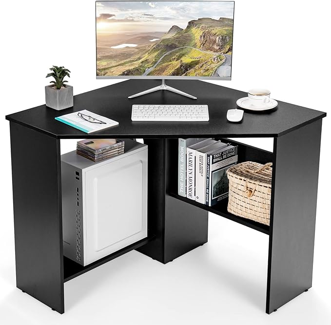 COSTWAY Corner Computer Desk Space-Saving Triangular Writing Desk w/ 2 Storage Shelves &amp 2 Cable Holes Multi-Functional Console Table for Small Space in Home Office Living Room Bedroom (Black)