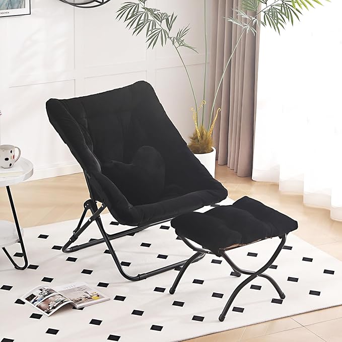 Comfy Saucer Chair with Ottoman Oversized Folding Faux Fur Chair Soft Furry Lazy Chair with Metal Frame Moon Chair Accent Chair for Bedroom Living Room Dorm Rooms Black