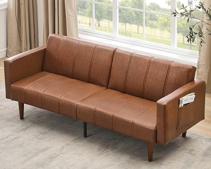 GarveeHome 75 in Futon Sofa Bed Mid-Century Futon Couch PU Leathe Convertible Sleeper Couch with Adjustable Backrest Loveseat and Side Pockets for Living Room &amp Bedroom (Coffee)