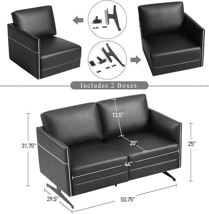 Accent Chair Loveseat Couch Sofa Upholstered Faux Leather Ergonomic Lumbar Support Cubic Waiting Room Reception Chair Modern Simplistic for Living Room Hotel Lobby Office Salon(Chrome Black Dual)