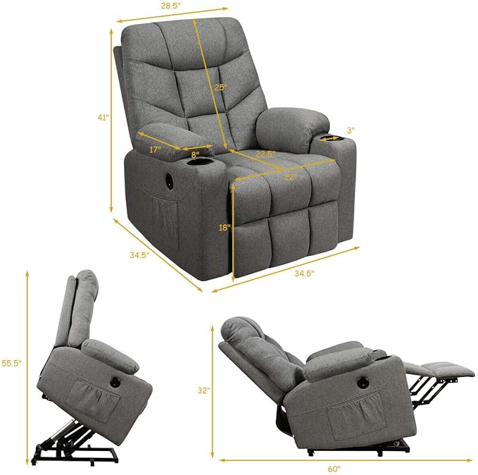 Giantex Power Lift Chair Electric Recliner Sofa for Elderly Fabric Reclining Sofa w/ 8 Point Massage &amp Lumbar Heat 2 Side Pockets Cup Holders USB Charge Port Motorized Sofa Chair for Living Roo