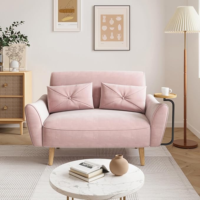 Brelice Loveseat Sofa 47 Velvet Couch for Bedroom Convertible Wooden Tray &amp Ergonomic Armrest for Small Space Apartment Living Room Home Office Easy Assembly Pink