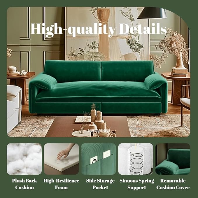 66 Queen Pull Out Sofa Bed 3-in-1 Convertible Sleeper Sofa with Side StorageMulti-Functional Velvet Loveseat Bed for Living RoomBedroomApartmentOffice (Green)