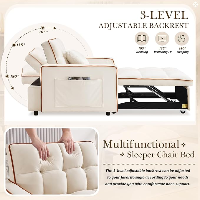 3 in 1 Convertible Sleeper Sofa Chair BedVelvet Tufted Upholstered Pull Out Sleeper Chair with Adjustable Backrest &amp Side PocketsModern Lounger Bed Recliner for Living Room/Office/Small Space(Be