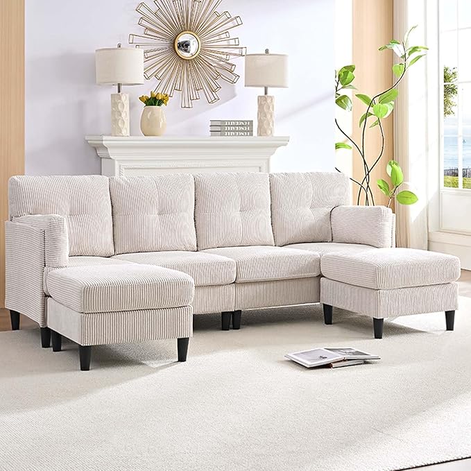 Mjkone Sectional Couch Sofa with Ottoman U Shape Sofa for Living Room Corduroy Convertrible Couches with Double Chaises 6 Seater Sofas for Living Room/Home Office/Guest (Beige)