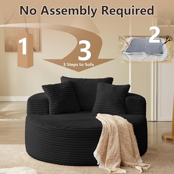 55''Oversized Round Chair Lounge Chaise IndoorCloud Boneless Large Circle Chair with Plush CorduroyNo Assembly RequiredFluffy Modern Sleeper Sofa Bed for ReadingLiving Room(blackFabric Upgrade)