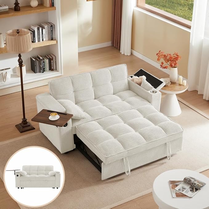 65'' Convertible Sleeper Sofa Bed with Adjustable Backrest Chaise Lounge Side Table &amp USB/Type-C Ports – Stylish &amp Functional Addition to Any Living Room (Modern Beige Sofa Bed)