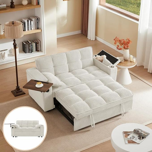 65'' Convertible Sleeper Sofa Bed with Adjustable Backrest Chaise Lounge Side Table &amp USB/Type-C Ports – Stylish &amp Functional Addition to Any Living Room (Modern Beige Sofa Bed)
