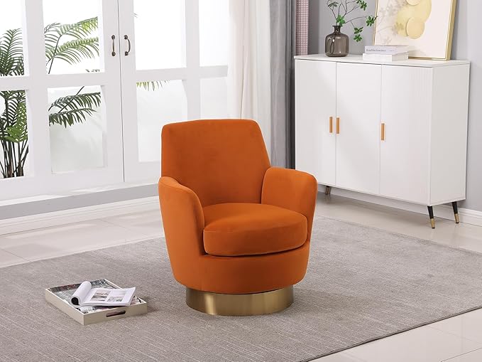 Velvet Swivel Accent Chair Upholstered Barrel Chair with Golden Base Comfy Sherpa Round Boucle Chair 362-degree Swivel Armchair for Living Room Bedroom Lounge Office Nursery Club Orange
