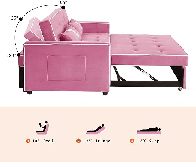 71 Loveseat Sleeper Sofa 3 in 1 Convertible Sofa Bed Adjustable Backrest Comfy Pull Out Couch Modern Upholstered Sofa for Living Room Bedroom Apartment Small Space (Pink)