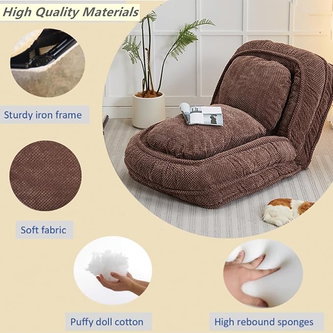Foldable Lazy Sofa Bed Polyester Upholstered Human Dog Bed for Adults and Pets with 5 Adjustable Backrest Positions and 2 Soft Cushions for Living Room Bedroom Brown