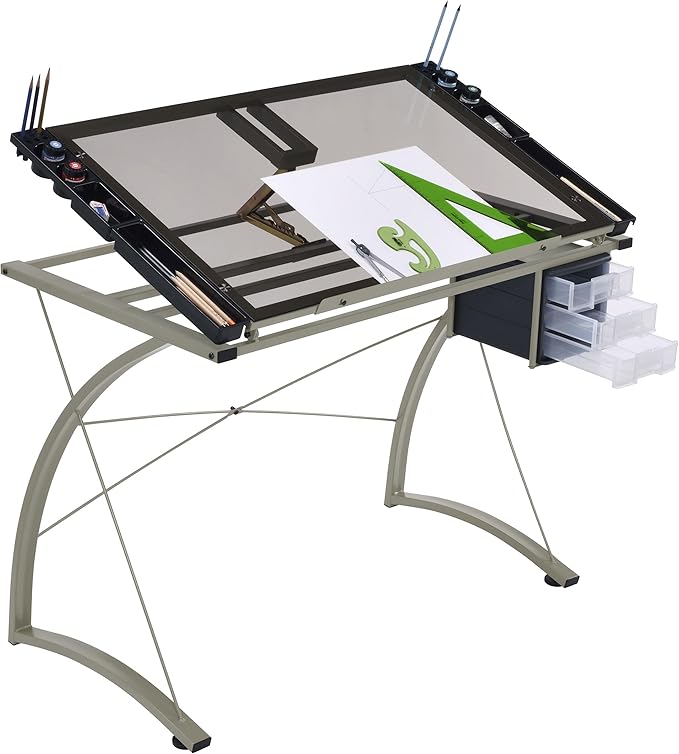 Coaster Home Furnishings - Melo - Metal and Glass - 41-Inch Drafting Table with Adjustable Pitch Three Drawers Retractable Pencil Ledge and Storage Compartments - Home Office - Silver - 800986