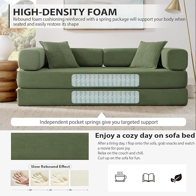 4-in-1 Folding Convertible Sofa Bed 78 Inch Oversized Corduroy Upholstered Boneless Couch Loveseat Sleeper with Pull Out Bed Floor Sofa Modular Futon Couch for Living Room Bedroom Lounge Green