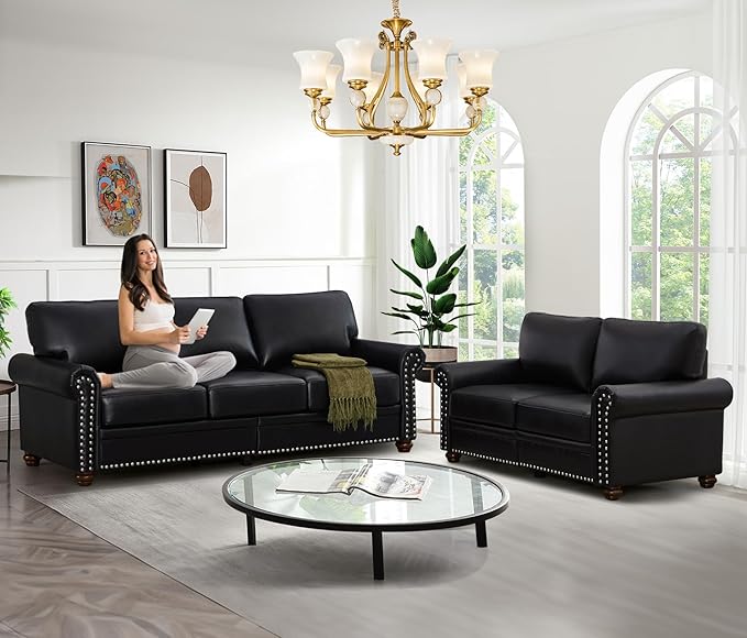 Antetek 2-Piece Comfy Upholstered PU Leather Sofa Couch Set Mid-Century Modern Loveseat Sofa+3 Seater Couch with Storage Space for Living Room Furniture Set Black