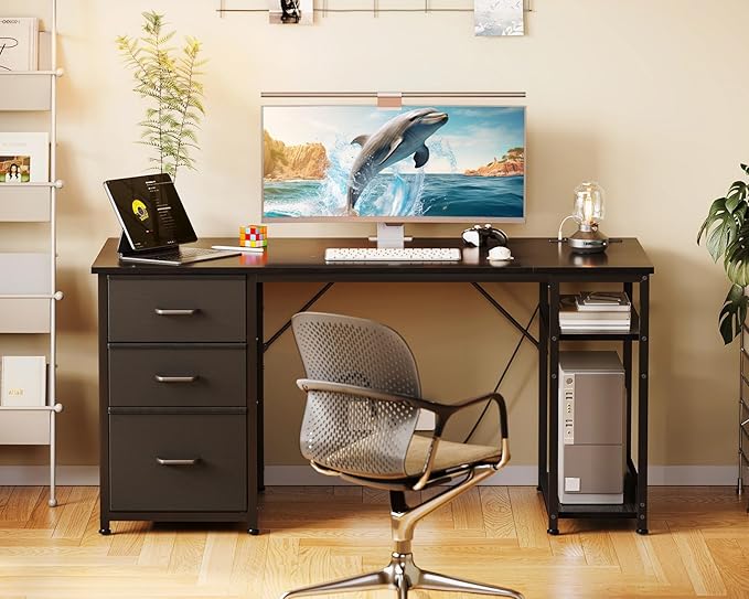 AODK 51 Inch Computer Desk with Fabric Drawers &amp USB Power Outlets Reversible Home Office Desk with Storage Shelves Work from Home Modern Work/Writing/Study Table for Bedroom Black