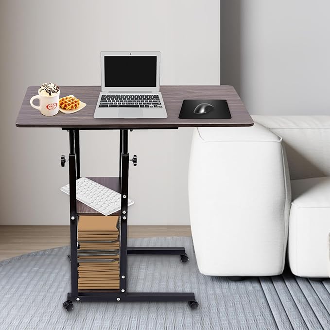 Portable Movable Computer Desk Height Adjustable Indoor C-Shaped Side Table Multifunctional Nightstand with 4 Universal Wheels and Storage Shelves for Living Room Bedroom Office Writing Desk