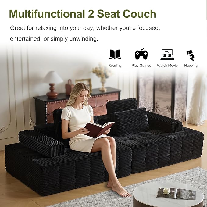 113 Modular Boneless Couch with 2 Movable Armrests Plush Corduroy Sectional Sofa Loveseat Ergonomic Memory Foam Straight-Row Cloud Couch for Living Room Bedroom Lounge Black
