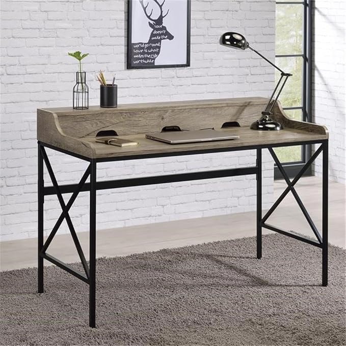 Pemberly Row Contemporary Gray Wood and Black Metal Desk USB Port and Electrical Outlet 48.75 in Wide Modern Design with Hidden Storage Levelers Home Office Workspace Furniture