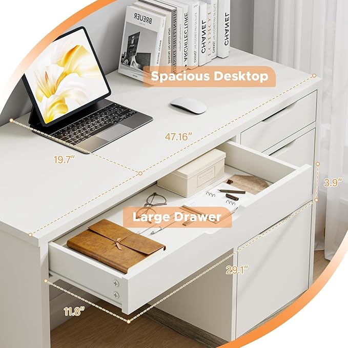 White Desk with Drawers 48 Inch Small Computer Desk with 4 Storage Drawers for Small Space Home Office Desk for Bedroom with Storage File Drawer