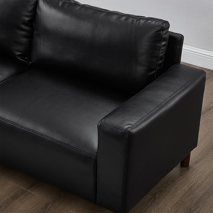 Mid-Century Modern Sofa with Movable Ottoman PU Leather U-Shaped Couch with Solid Wood Legs Comfy Modular Sectional Sofa Upholstered Cozy Couch for Living Room Bedroom Apartment(104W Black)