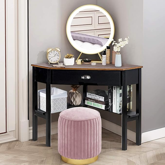LDAILY Small Corner Desk Triangle Makeup Vanity Desk for Small Space Compact Writing Desk with Storage Shelves &amp Drawer Space Saving Corner Computer Desk for Bedroom Home Office