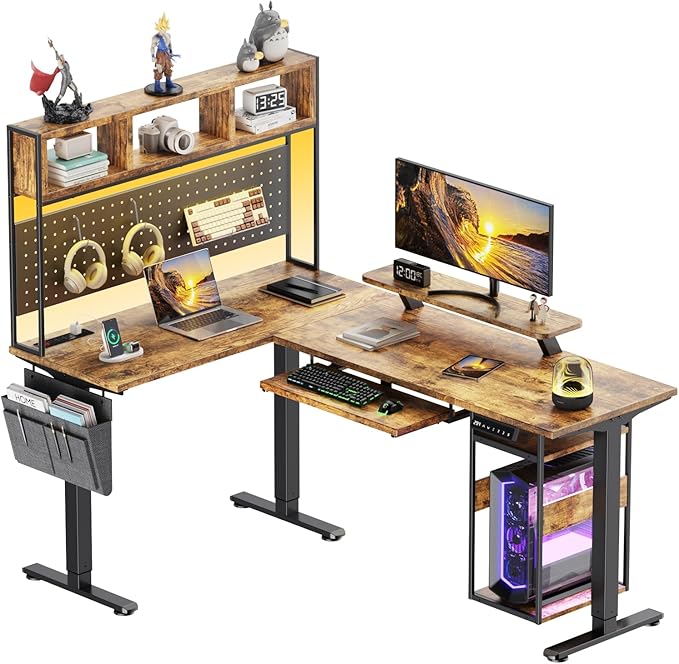 Flycity Electric L Shaped Standing Desk Adjustable Height 67 x 47 Corner Computer Desk with Host Shelf Gaming Desk with LED Lights &amp Power Outlet Dual Motor Home Office Desk with Storage Bro