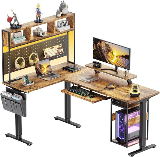 Flycity Electric L Shaped Standing Desk Adjustable Height 67 x 47 Corner Computer Desk with Host Shelf Gaming Desk with LED Lights &amp Power Outlet Dual Motor Home Office Desk with Storage Bro