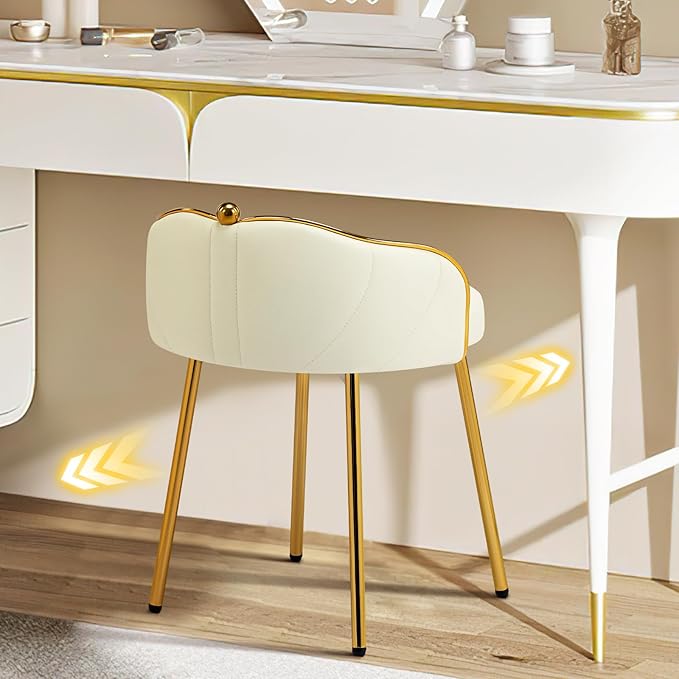 Cute Vanity Chair with Back Small Armless Leather Makeup Desk Chair No Wheels Modern Swivel Accent Vanity Stools with Gold Legs for Vanity Bedroom Dress Room Beige
