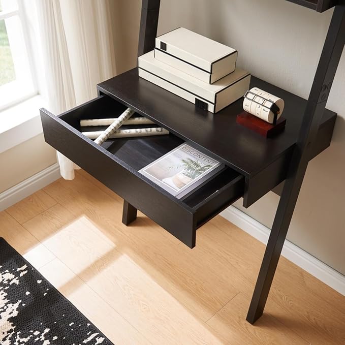 Modern Home Office Desk Computer Desk with Ladder-Style Bookcase One Smooth-Glide Drawer Two Sturdy Shelves with Handleless Minimalist Design for Workspace Study