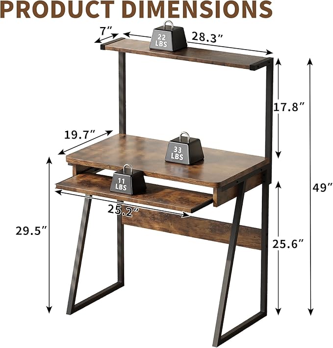 ALISENED 2 Tiers Small Computer Desk for Small Space Compact Laptop Table Workstation with Keyboard Tray. Study PC Table for Home Office Rustic Brown