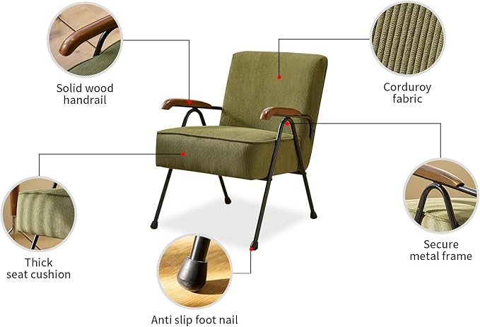 Luxuriously Padded Modern Accent Chair Plush Fabric Upholstered High Back Armchair with Sturdy Metal Legs Oversized Comfortable Living Room Chair for Reading Nap Home Office (Green)