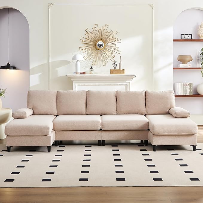 CECER 114” U-Shaped CouchLinen FabricLinen Fabric Modular Sectional Couches for Living Room/Apartment4 Seat Oversized SofaHigh Supportive&ampSoft Sponge(Beige)