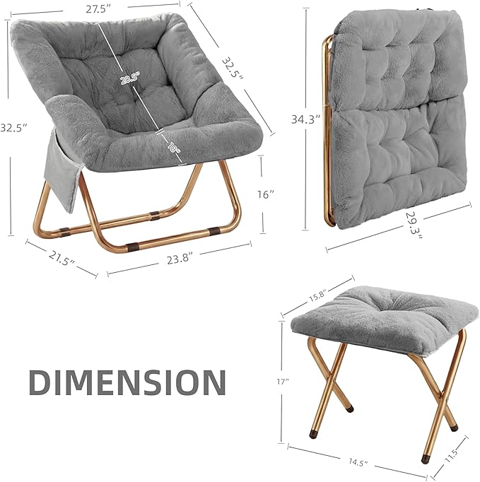 Comfy Saucer Chair Foldable Living Room Chairs Soft Faux Fur Lounge Chair for Bedroom Reading Chairs for Adults Teens X-Large (Grey)