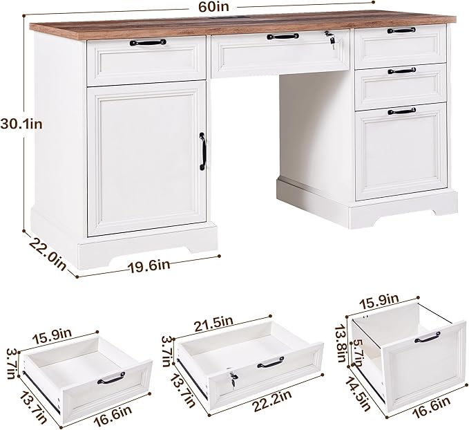 60 Farmhouse Executive Desk with Charging StationHome Office Desk with 4 Drawers &amp 1 Cabinet&amp1 File CabinetMain Drawer with LockWood Desk for Office and Home