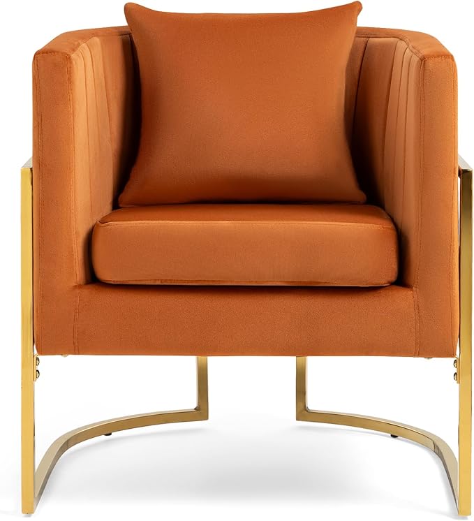 Velvet Modern Accent Chair Upholstered Barrel Armchair Mid Century with Pillow for Living Room Comfy Single Vanity Chair with Metal Gold Legs for Bedroom Orange