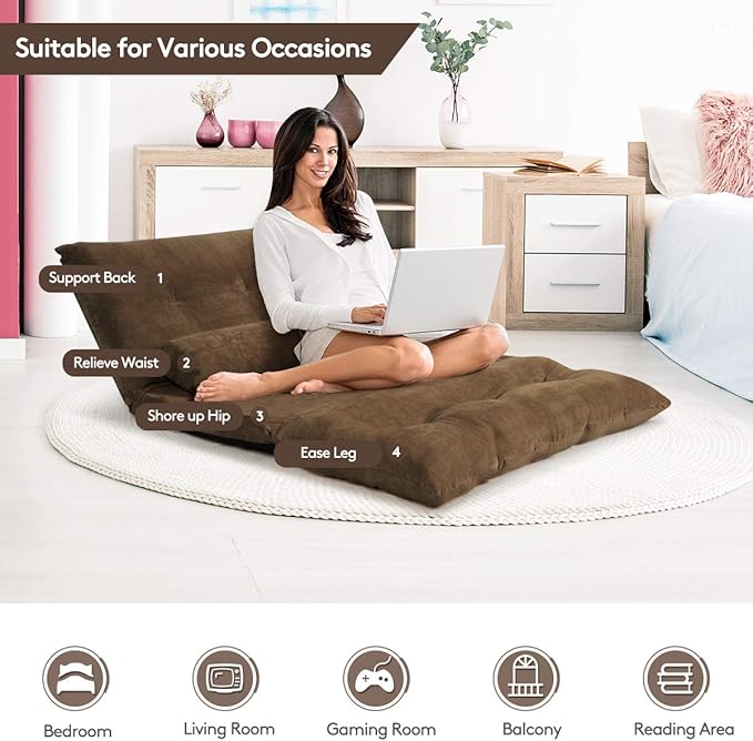 Giantex Adjustable Floor Sofa Couch with 2 Pillows Multi-Functional 6-Position Foldable Lazy Sofa Sleeper Bed Multi-Functional Suede Floor Seating Sofa for Reading Gaming (Coffee)