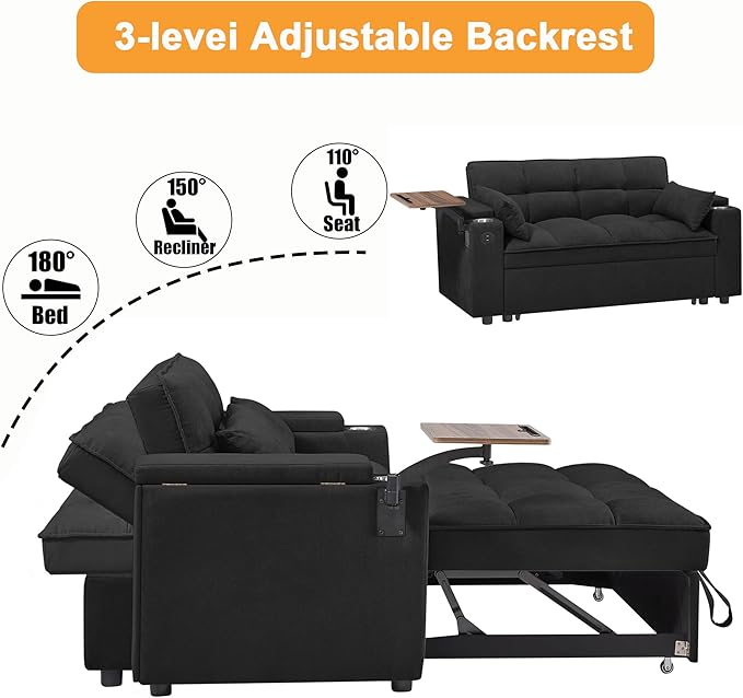 66 Multi-Functional Pull-Out Sofa Bed with Hidden Side Table Storage Armrests Built-in Charging Port Spring Mattress Solid Wood Frame – Ideal for Small Spaces Easy Assembly