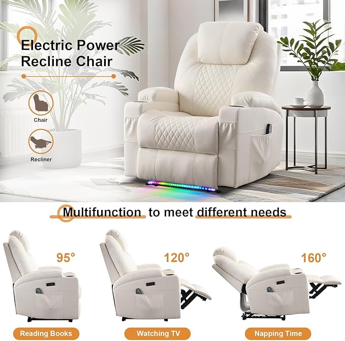 AHMED Power Recliner Chair with Vibration Massage &amp Heat for Adults Faux Leather Home Theater Seating with Cup Holders/LED Lights/USB Ports/Side Pockets for Living Room Beige