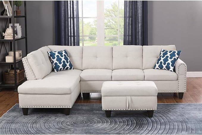 Sophisticated Simplicity Sectional Sofa with Ottoman Living Room Set Left Facing Chaise 2 Cup Holders 2 Throw Pillows Tufted Back and Seat - 99.5 D x 67 W x 32 H Beige