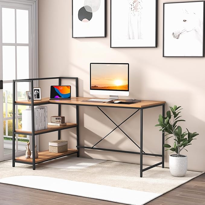 Tangkula Reversible L-Shaped Computer Desk Space Saving Corner Desk with 3-Tier Storage Shelves &amp Metal Frame Modern Executive Home Office Desk PC Laptop Desk Workstation for Small Space (Walnu