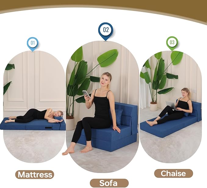 Folding Sofa Bed Foldable Sleeper Chair with Pillow Convertible Fold Out Chair Bed with Washable Cover Foldable Mattress for Living Room Bedroom Guest Room Single Size Blue