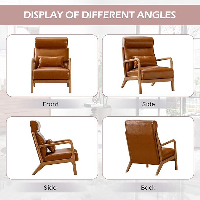 Accent Chair Mid Century Modern Chair PU Leather Fabric Living Room Chairs with Solid Wood Frame Comfy Upholstered and Lumbar Pillow Reading Side Chair Easy Assembly for Bedroom (1 Brown)