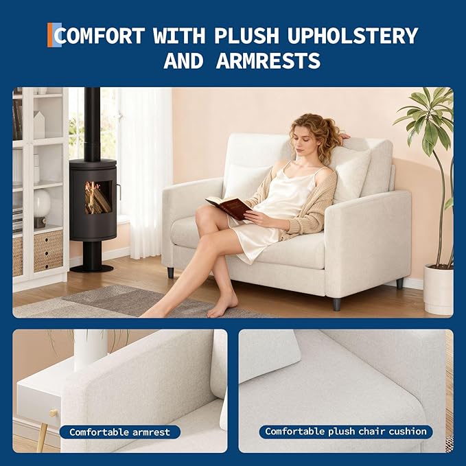 Loveseat Sofa 52 Mid Century Modern Love Seat for Small Spaces Wood Frame Tool-Free Assembly Comfy Sofa for Bedroom Living Room Apartment（Beige）