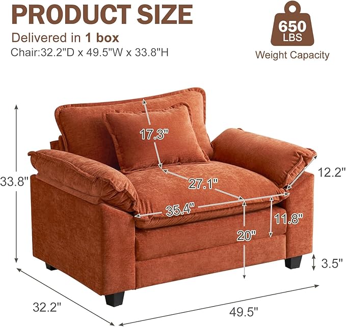 CDCASA Oversized Accent Chair Chenille Comfy Cloud Sofa Chair with Large Seat and Upholstered Armrests Modern Extra Wide Armchair Reading Chairs for Bedroom Living RoomTerracotta Orange