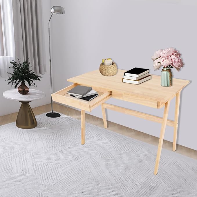 Eapmic Solid Wood Writing Desk Computer Table Study Desk with Drawers Small Space Home Office Workstation Freestanding Wooden Study Table for Bedroom Apartment Dorm Minimalist Design (BurlywoodA)