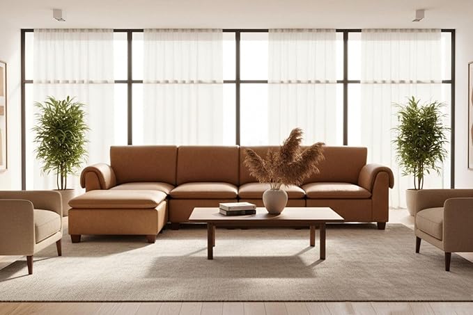 97 Inches Cloud Modular Sectional Sofa 3 Seater Faux Leather Couch Modern Convertible Comfortable Sofa Couch for Living Room/Apartment PU Brown