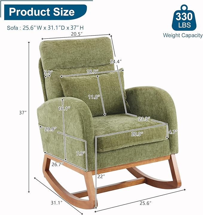 VINGLI Olive Chenille Rocking Chair Nursery with Thick Headrest Upholstered Mid-Century Modern Nursing Rocker Glider with Curved Armrest Sturdy Solid Wood Base for Living Room Bedroom Baby Room